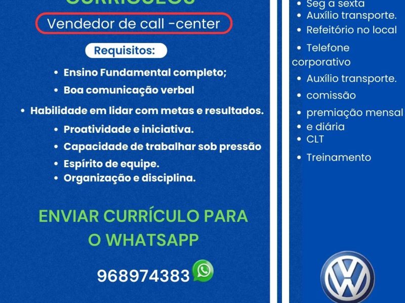 Temos vaga para vendedor de call center - Centro de Belford Roxo